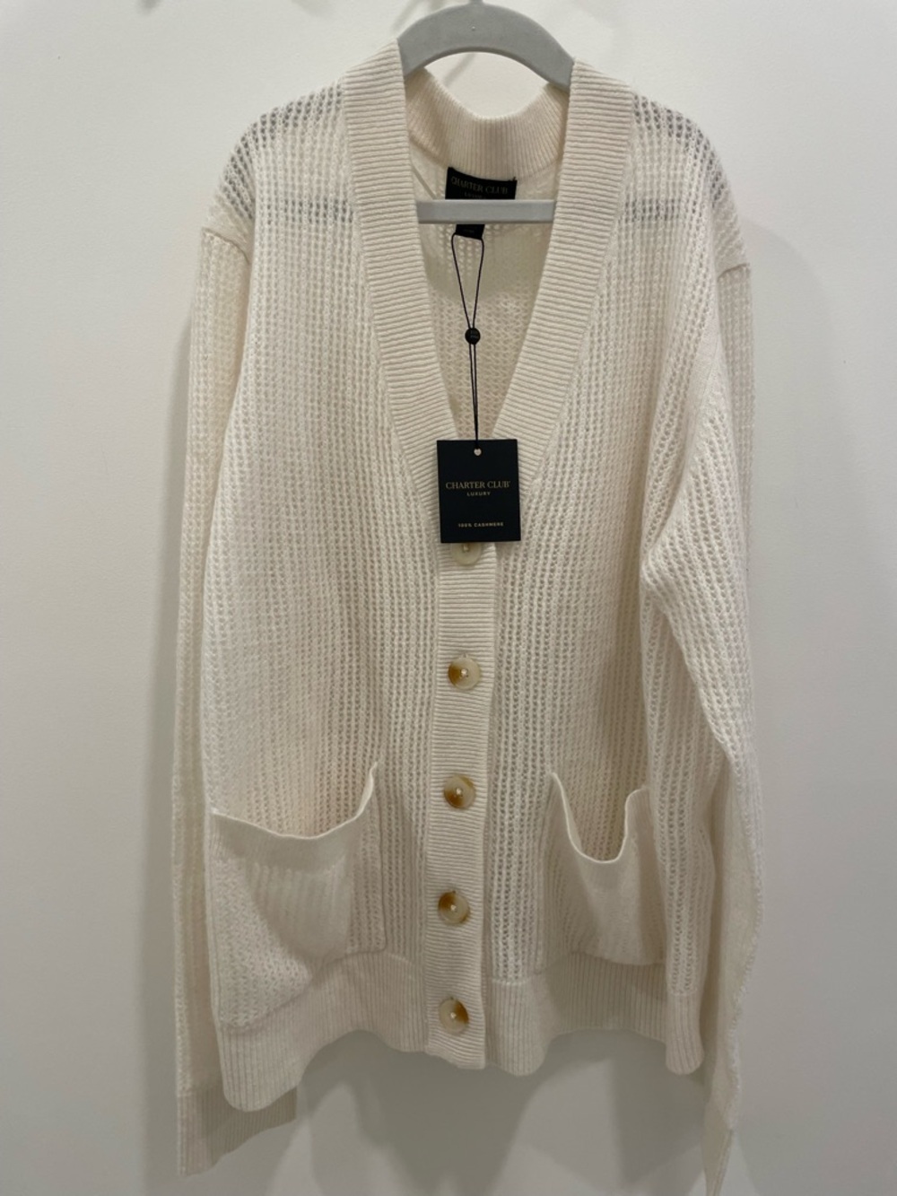 Charter Club Cream Open-Weave Button Cardigan